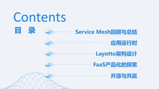 Ŀ ¼ Service Meshعܽ
Ӧʱ
Contents
Layottoܹ
FaaSﻯ̽
Դ빲Ӯ
 