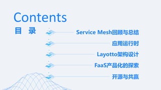 目 录 Service Mesh回顾与总结
应用运行时
Contents
Layotto架构设计
FaaS产品化的探索
开源与共赢
 