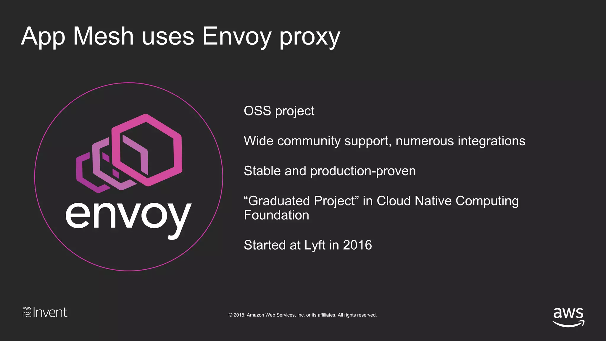 © 2018, Amazon Web Services, Inc. or its affiliates. All rights reserved.
OSS project
Wide community support, numerous integrations
Stable and production-proven
“Graduated Project” in Cloud Native Computing
Foundation
Started at Lyft in 2016
App Mesh uses Envoy proxy
 