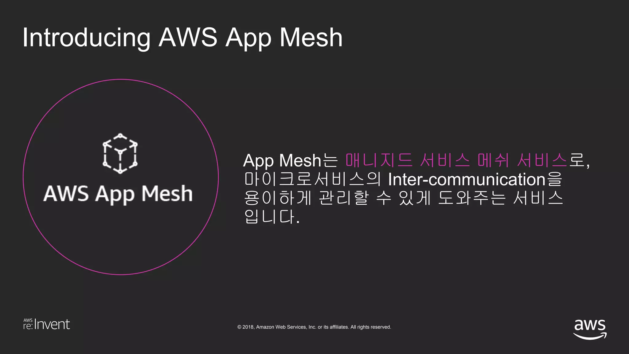 © 2018, Amazon Web Services, Inc. or its affiliates. All rights reserved.
Introducing AWS App Mesh
App Mesh는 매니지드 서비스 메쉬 서비스로,
마이크로서비스의 Inter-communication을
용이하게 관리할 수 있게 도와주는 서비스
입니다.
 