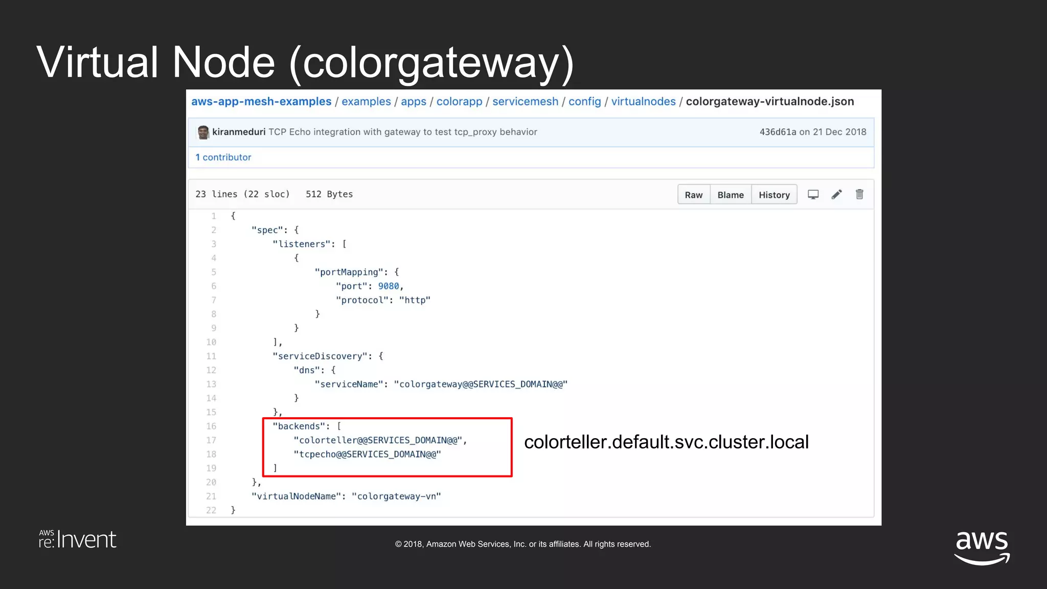 © 2018, Amazon Web Services, Inc. or its affiliates. All rights reserved.
Virtual Node (colorgateway)
colorteller.default.svc.cluster.local
 