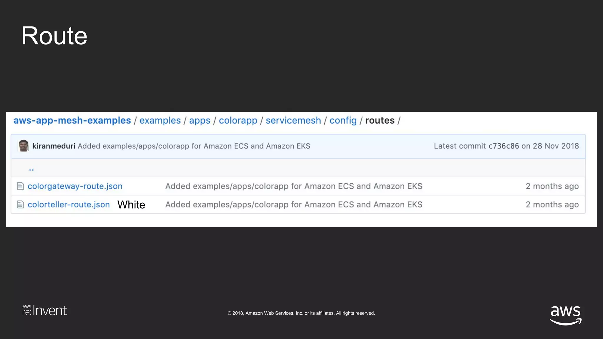 © 2018, Amazon Web Services, Inc. or its affiliates. All rights reserved.
Route
White
 