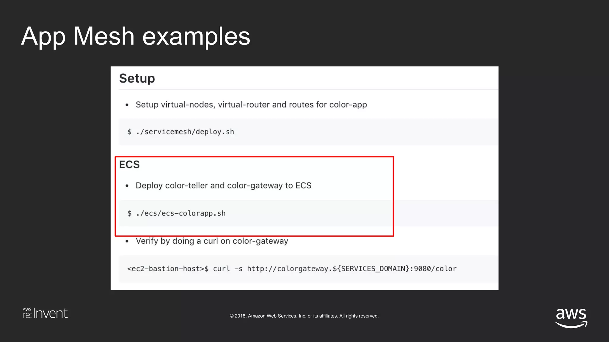 © 2018, Amazon Web Services, Inc. or its affiliates. All rights reserved.
App Mesh examples
 