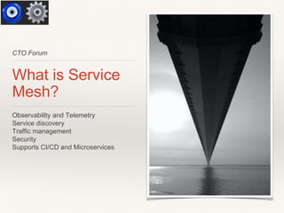 CTO Forum
What is Service
Mesh?
Observability and Telemetry
Service discovery
Traffic management
Security
Supports CI/CD and Microservices
 