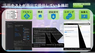 テンプレートに既定で組み込まれている
抽象化
認証認可
構成 ロギング
プロキシ
サービス複製管理
ネットワーク通信暗号化
呼び出し回数管理
ネットワーク密集度
サービス通過数管理
サービス反復管理
ネットワーク経路管理
>dotnet new webapi -minimal true -au SingleOrg
>dotnet run
https://localhost:7047/swagger/index.html
汎用ホストが既定で提供している機能 これから追加していく
>dotnet new webapi -minimal true
>dotnet run
 