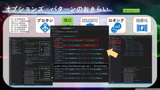 オプションズ・パターンのおさらい これから追加していく
抽象化
認証認可
構成 ロギング
プロキシ
サービス複製管理
ネットワーク通信暗号化
呼び出し回数管理
ネットワーク密集度
サービス通過数管理
サービス反復管理
ネットワーク経路管理
public string ClientSecret{ get; set; } = String.Empty;
 