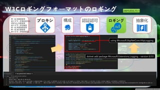 W3Cロギングフォーマットのロギング これから追加していく
抽象化
認証認可
構成 ロギング
プロキシ
サービス複製管理
ネットワーク通信暗号化
呼び出し回数管理
ネットワーク密集度
サービス通過数管理
サービス反復管理
ネットワーク経路管理
using Microsoft.AspNetCore.HttpLogging;
dotnet add package Microsoft.Extensions.Logging --version 6.0.0
 