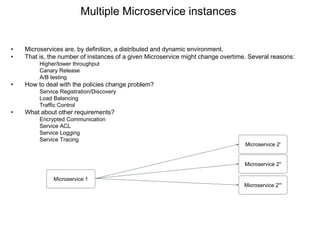 • Microservices are, by definition, a distributed and dynamic environment.
• That is, the number of instances of a given Microservice might change overtime. Several reasons:
Higher/lower throughput
Canary Release
A/B testing
• How to deal with the policies change problem?
Service Registration/Discovery
Load Balancing
Traffic Control
• What about other requirements?
Encrypted Communication
Service ACL
Service Logging
Service Tracing
Microservice 1
Microservice 2'
Microservice 2''
Microservice 2'''
Multiple Microservice instances
 