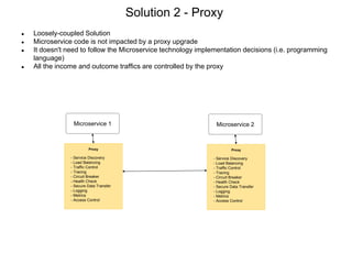 ● Loosely-coupled Solution
● Microservice code is not impacted by a proxy upgrade
● It doesn't need to follow the Microservice technology implementation decisions (i.e. programming
language)
● All the income and outcome traffics are controlled by the proxy
Microservice 1
Proxy
- Service Discovery
- Load Balancing
- Traffic Control
- Tracing
- Circuit Breaker
- Health Check
- Secure Data Transfer
- Logging
- Metrics
- Access Control
Microservice 2
Proxy
- Service Discovery
- Load Balancing
- Traffic Control
- Tracing
- Circuit Breaker
- Health Check
- Secure Data Transfer
- Logging
- Metrics
- Access Control
Solution 2 - Proxy
 