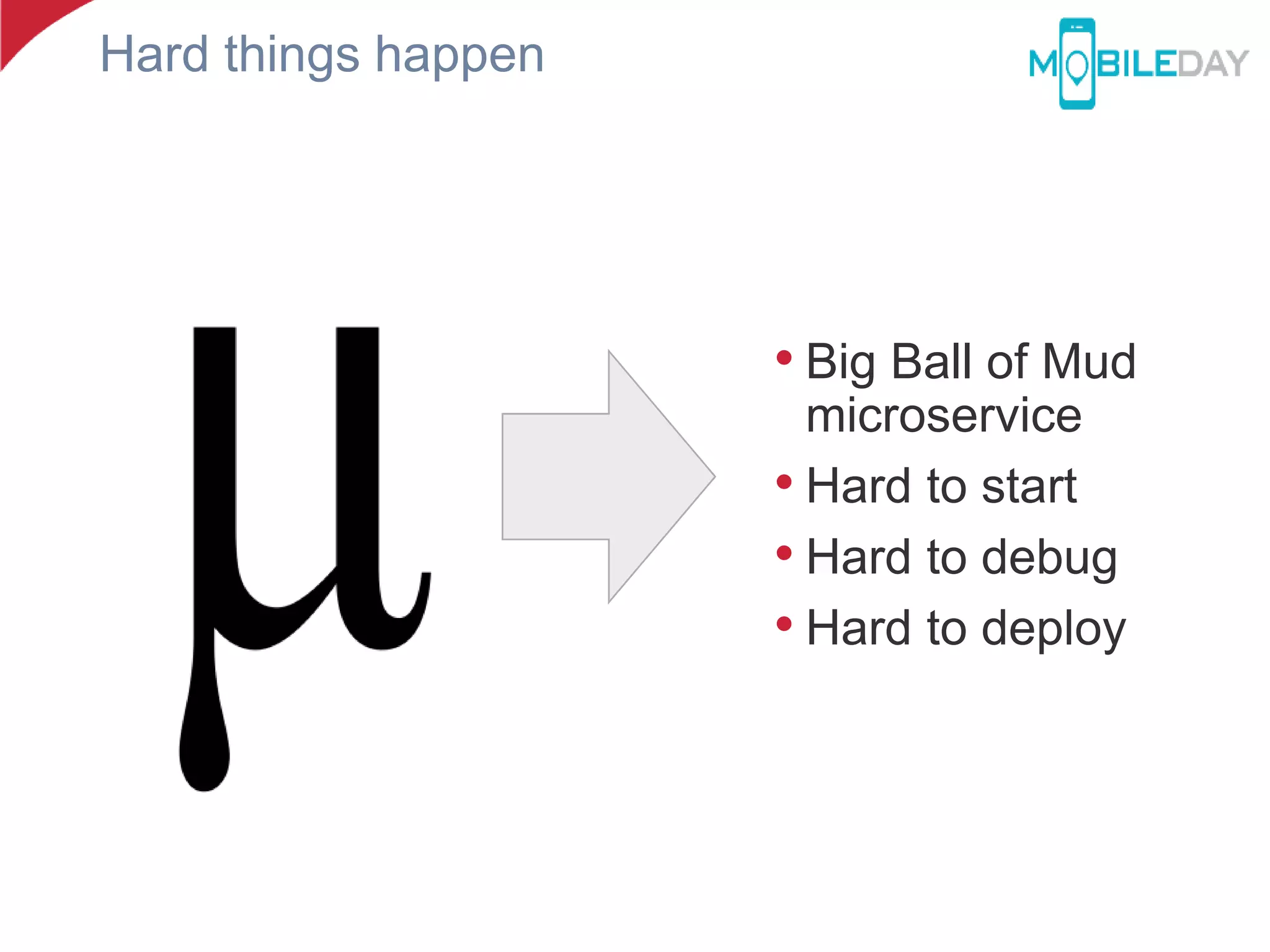 Hard things happen
• Big Ball of Mud
microservice
• Hard to start
• Hard to debug
• Hard to deploy
 