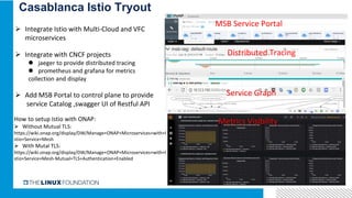 Casablanca Istio Tryout
MSB Service Portal
Distributed Tracing
Service Graph
Metrics Visibility
 Integrate Istio with Multi-Cloud and VFC
microservices
 Integrate with CNCF projects
 jaeger to provide distributed tracing
 prometheus and grafana for metrics
collection and display
 Add MSB Portal to control plane to provide
service Catalog ,swagger UI of Restful API
How to setup Istio with ONAP:
 Without Mutual TLS:
https://wiki.onap.org/display/DW/Manage+ONAP+Microservices+with+I
stio+Service+Mesh
 With Mutal TLS:
https://wiki.onap.org/display/DW/Manage+ONAP+Microservices+with+I
stio+Service+Mesh-Mutual+TLS+Authentication+Enabled
 