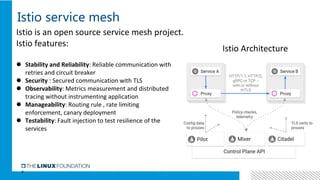 8
Istio service mesh
 Stability and Reliability: Reliable communication with
retries and circuit breaker
 Security : Secured communication with TLS
 Observability: Metrics measurement and distributed
tracing without instrumenting application
 Manageability: Routing rule , rate limiting
enforcement, canary deployment
 Testability: Fault injection to test resilience of the
services
Istio is an open source service mesh project.
Istio features:
Istio Architecture
 