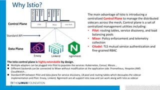 9
Why Istio?
The main advantage of Istio is introducing a
centralized Control Plane to manage the distributed
sidecars across the mesh, Control plane is a set of
centralized management utilities including:
• Pilot: routing tables, service discovery, and load
balancing pools
• Mixer: Policy enforcement and telemetry
collection
• Citadel: TLS mutual service authentication and
fine-grained RBAC
The Istio control plane is highly extendable by design.
 Multiple adapters can be plugged into Pilot to populate the services: Kubernetes, Consul, Mesos...
 Different backends can be connected to Mixer without modification at the application side: Prometheus, Heapster,AWS
CloudWatch...
 Standard API between Pilot and data plane for service discovery, LB pool and routing tables which decouples the sidecar
implementation and Pilot: Envoy, Linkerd, Nginmesh are all support Istio now and can work along with Istio as sidecar
Standard API
Kubernetes
Consul
Mesos
Logging
Metrics
Quota
Data Plane
Control Plane
 