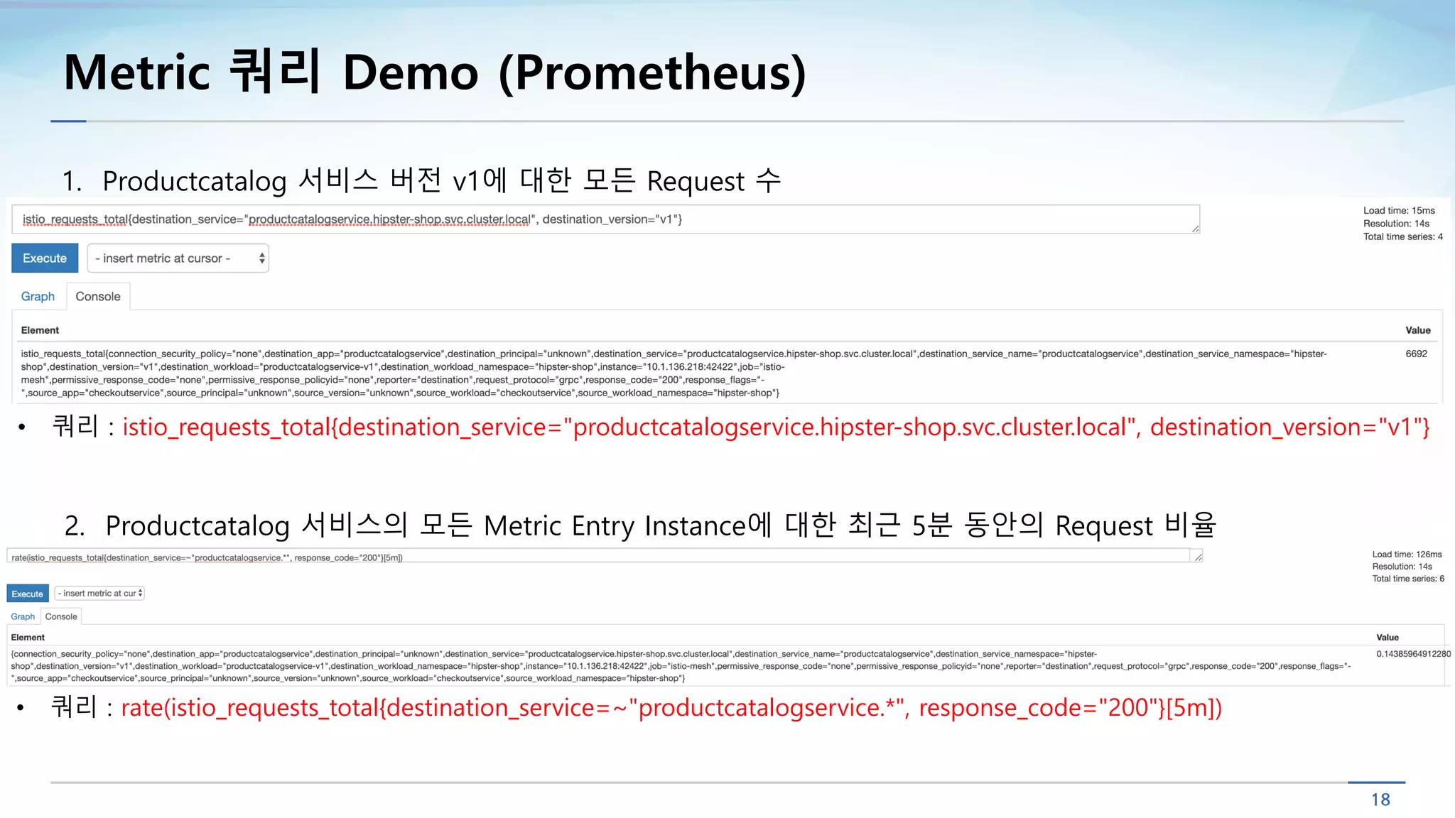 Metric 쿼리 Demo (Prometheus)
2. Productcatalog 서비스의 모든 Metric Entry Instance에 대한 최근 5분 동안의 Request 비율
1. Productcatalog 서비스 버전 v1에 대한 모든 Request 수
• 쿼리 : istio_requests_total{destination_service="productcatalogservice.hipster-shop.svc.cluster.local", destination_version="v1"}
• 쿼리 : rate(istio_requests_total{destination_service=~"productcatalogservice.*", response_code="200"}[5m])
 