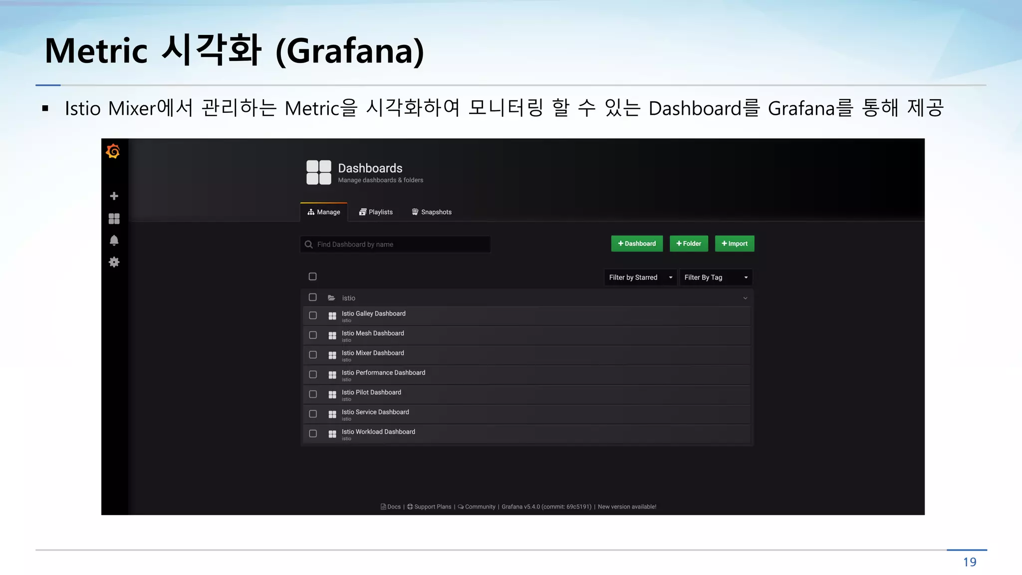 Metric 시각화 (Grafana)
§ Istio Mixer에서 관리하는 Metric을 시각화하여 모니터링 할 수 있는 Dashboard를 Grafana를 통해 제공
 