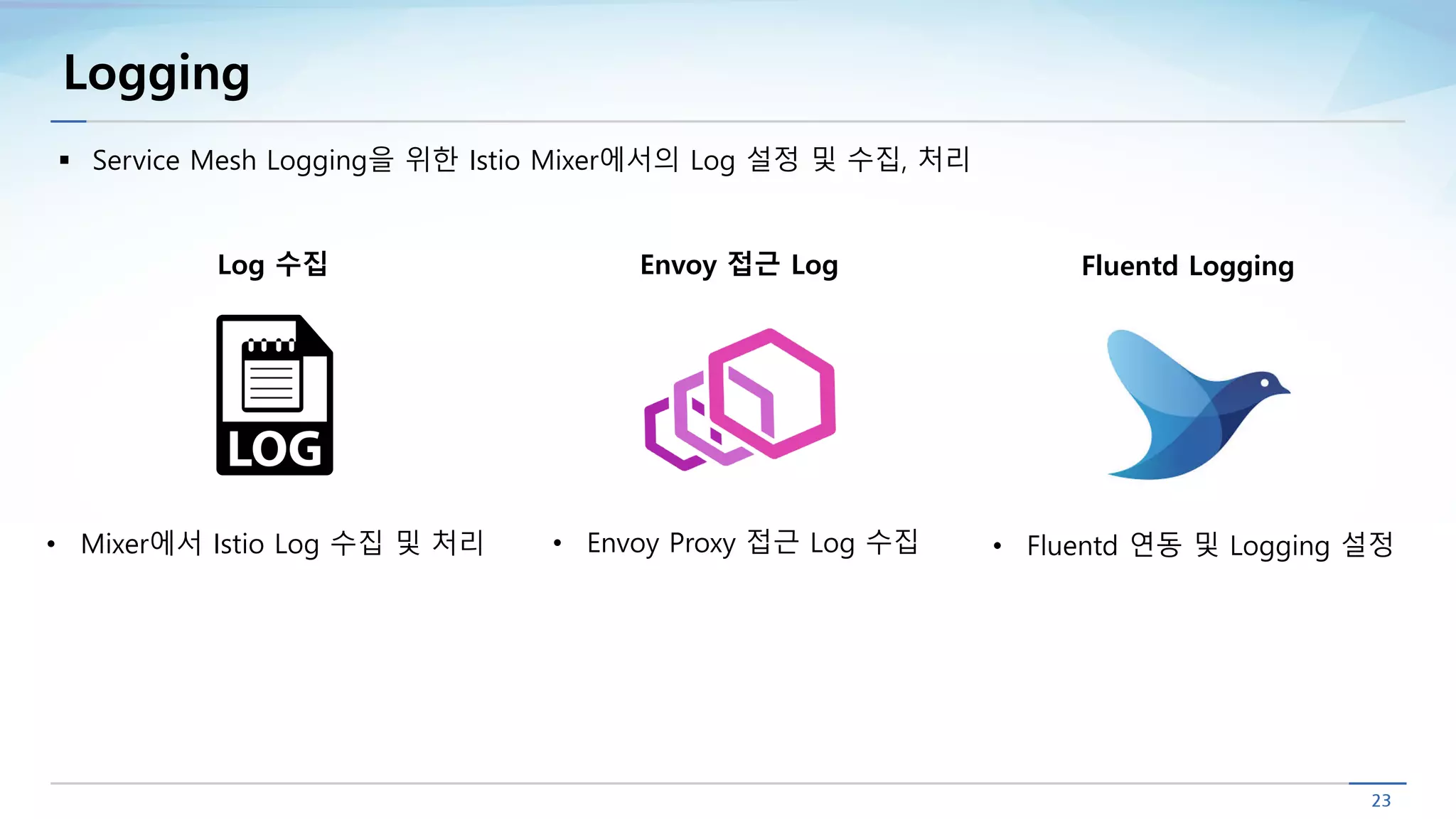 Logging
Envoy 접근 LogLog 수집 Fluentd Logging
• Fluentd 연동 및 Logging 설정• Mixer에서 Istio Log 수집 및 처리 • Envoy Proxy 접근 Log 수집
§ Service Mesh Logging을 위한 Istio Mixer에서의 Log 설정 및 수집, 처리
 
