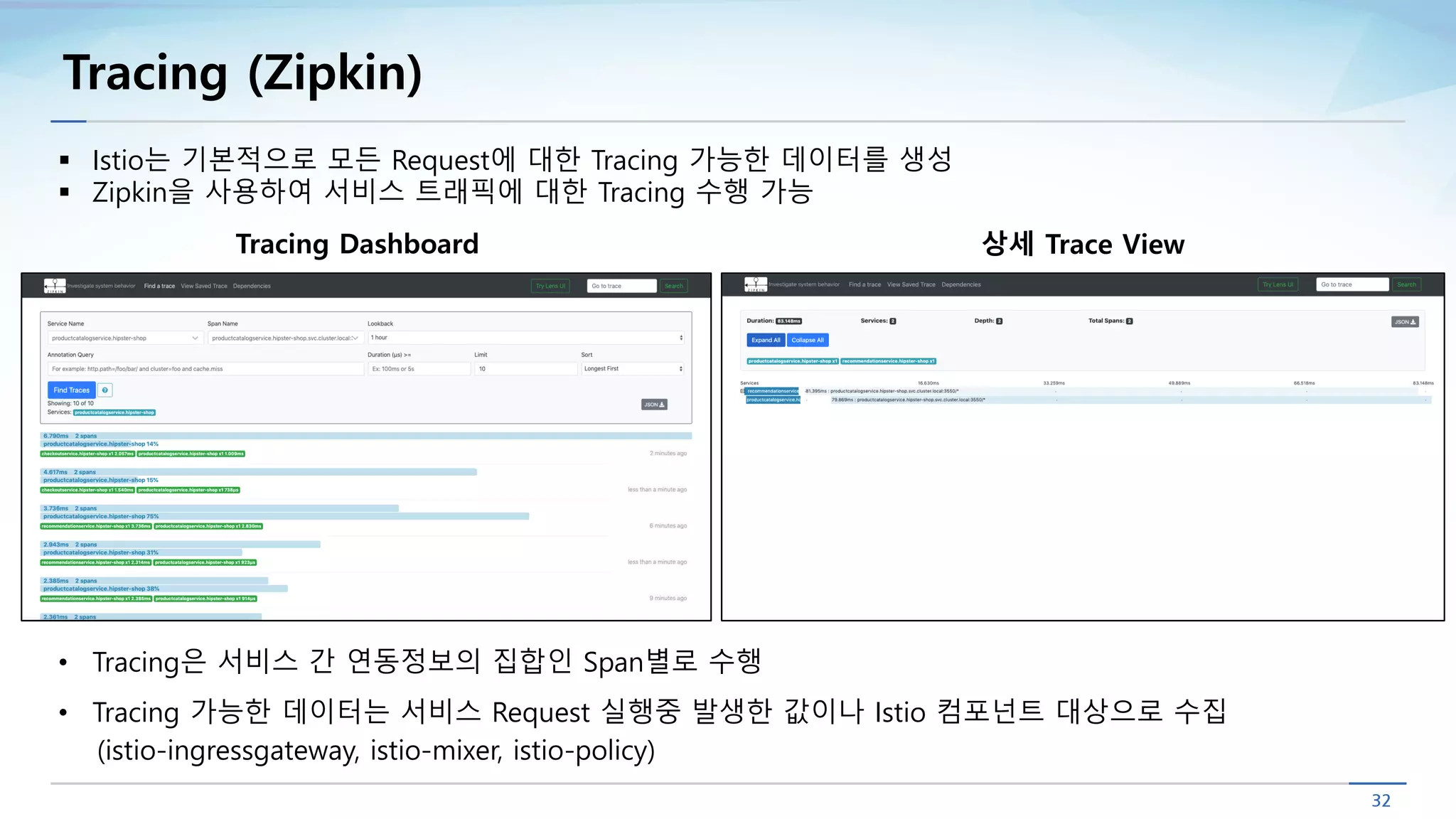 Tracing (Zipkin)
Tracing Dashboard
§ Istio는 기본적으로 모든 Request에 대한 Tracing 가능한 데이터를 생성
§ Zipkin을 사용하여 서비스 트래픽에 대한 Tracing 수행 가능
상세 Trace View
• Tracing은 서비스 간 연동정보의 집합인 Span별로 수행
• Tracing 가능한 데이터는 서비스 Request 실행중 발생한 값이나 Istio 컴포넌트 대상으로 수집
(istio-ingressgateway, istio-mixer, istio-policy)
 