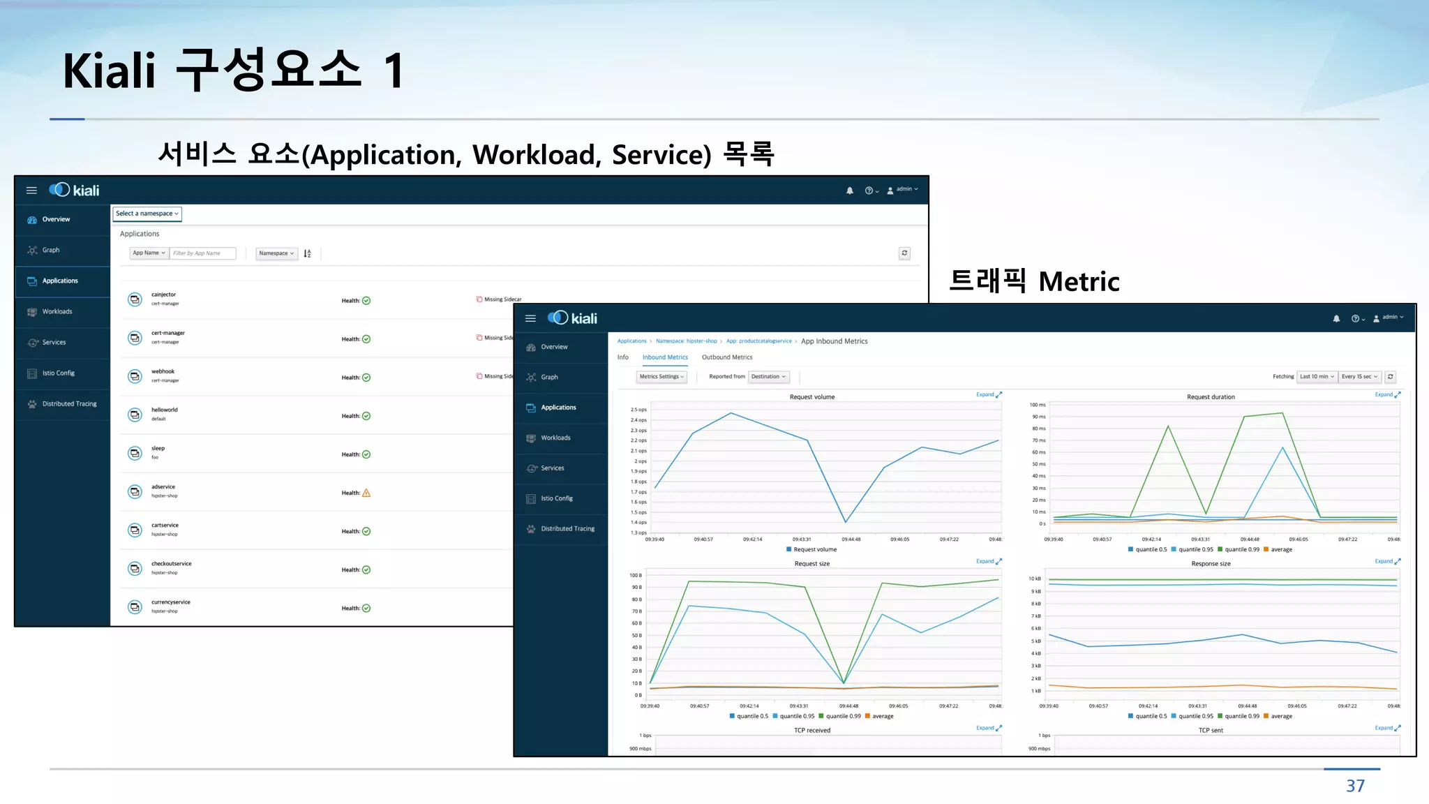 Kiali 구성요소 1
서비스 요소(Application, Workload, Service) 목록
트래픽 Metric
 