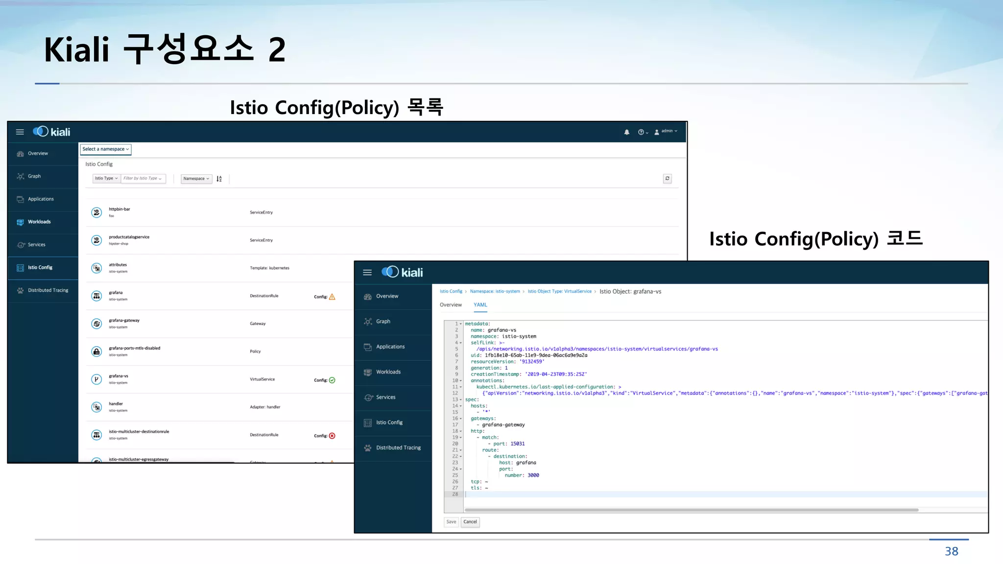 Kiali 구성요소 2
Istio Config(Policy) 목록
Istio Config(Policy) 코드
 