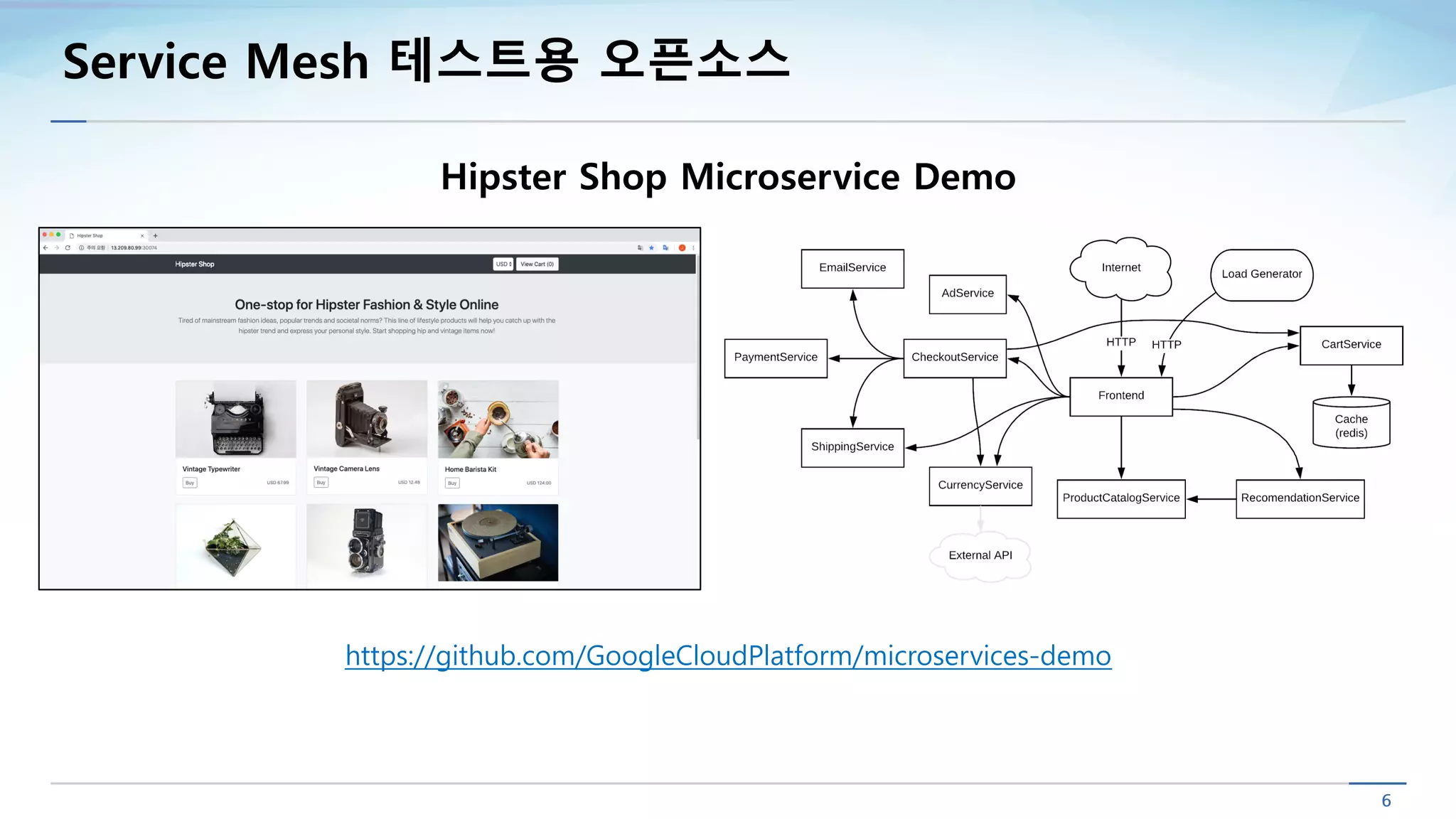 Service Mesh 테스트용 오픈소스
Hipster Shop Microservice Demo
https://github.com/GoogleCloudPlatform/microservices-demo
 