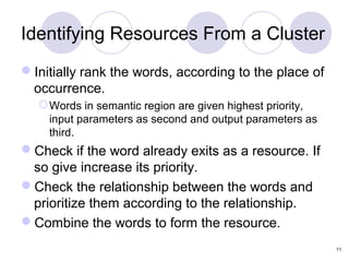 Identifying Resources From a Cluster
Initially rank the words, according to the place of
 occurrence.
   Words in semantic region are given highest priority,
    input parameters as second and output parameters as
    third.
Check if the word already exits as a resource. If
 so give increase its priority.
Check the relationship between the words and
 prioritize them according to the relationship.
Combine the words to form the resource.
                                                           11
 