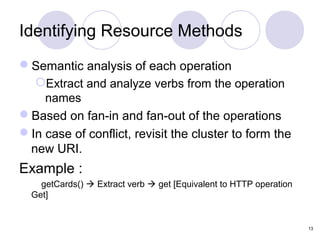 Identifying Resource Methods
Semantic analysis of each operation
  Extract and analyze verbs from the operation
    names
Based on fan-in and fan-out of the operations
In case of conflict, revisit the cluster to form the
 new URI.
Example :
    getCards()  Extract verb  get [Equivalent to HTTP operation
  Get]


                                                                    13
 