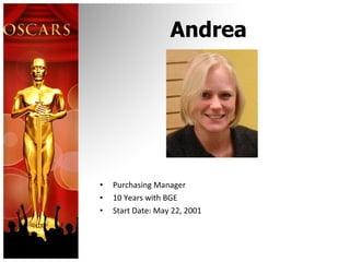 Andrea Purchasing Manager 10 Years with BGE Start Date: May 22, 2001 