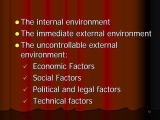 The internal environment
The immediate external environment
The uncontrollable external
environment:
   Economic Factors
   Social Factors
   Political and legal factors
   Technical factors
                                 12
 