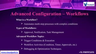 Advanced Configuration – Workflows
What is a Workflow?
 Automates multi-step processes with complex conditions
Types of Workflows:
 Approval, Notification, Task Management
Advanced Workflow Topics:
 Trigger Conditions & Execution
 Workflow Activities (Condition, Timer, Approvals, etc.)
 Debugging & Optimization Techniques.
www.visualpath.in +91-9989971070
 