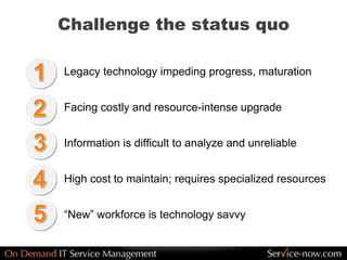 Challenge the status quo
Legacy technology impeding progress, maturation
Facing costly and resource-intense upgrade
Information is difficult to analyze and unreliable
High cost to maintain; requires specialized resources
“New” workforce is technology savvy
 