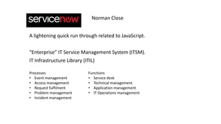 A lightening quick run through related to JavaScript.
“Enterprise” IT Service Management System (ITSM).
IT Infrastructure Library (ITIL)
Norman Close
Processes
• Event management
• Access management
• Request fulfilment
• Problem management
• Incident management
Functions
• Service desk
• Technical management
• Application management
• IT Operations management
 