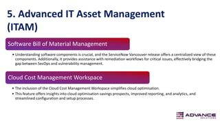 5. Advanced IT Asset Management
(ITAM)
Cloud Cost Management Workspace
• The inclusion of the Cloud Cost Management Workspace simplifies cloud optimisation.
• This feature offers insights into cloud optimisation savings prospects, improved reporting, and analytics, and
streamlined configuration and setup processes.
Software Bill of Material Management
• Understanding software components is crucial, and the ServiceNow Vancouver release offers a centralized view of these
components. Additionally, it provides assistance with remediation workflows for critical issues, effectively bridging the
gap between SecOps and vulnerability management.
 