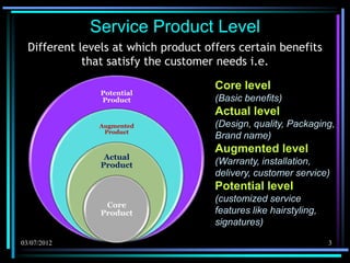 Service Product Level
  Different levels at which product offers certain benefits
             that satisfy the customer needs i.e.

                                      Core level
                Potential
                Product               (Basic benefits)
                                      Actual level
               Augmented              (Design, quality, Packaging,
                Product
                                      Brand name)
                                      Augmented level
                 Actual
                Product               (Warranty, installation,
                                      delivery, customer service)
                                      Potential level
                                      (customized service
                 Core
                Product               features like hairstyling,
                                      signatures)

03/07/2012                                                         3
 