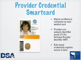 Provider Credential
    Smartcard
              Digital certiﬁcate is
              contained on each
              medical card

              Providers are
              uniquely identiﬁed
              based off the
              National Provider
              Identiﬁer (NPI)

              Role-based
              credentials regulate
              access to data
 