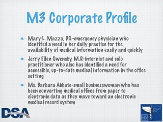 M3 Corporate Proﬁle
Mary L. Mazza, D.O.-emergency physician who
identiﬁed a need in her daily practice for the
availability of medical information easily and quickly
Jerry Ellen Owensby, M.D.-internist and solo
practitioner who also has identiﬁed a need for
accessible, up-to-date medical information in the ofﬁce
setting
Ms. Barbara Abbate-small businesswoman who has
been converting medical ofﬁces from paper to
electronic data as they move toward an electronic
medical record system
 