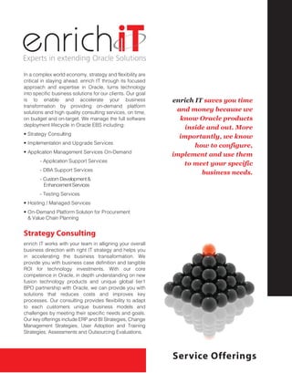 In a complex world economy, strategy and flexibility are
critical in staying ahead. enrich IT through its focused
approach and expertise in Oracle, turns technology
into specific business solutions for our clients. Our goal
is to enable and accelerate your business                    enrich  IT  saves  you  time  
transformation by providing on-demand platform
solutions and high quality consulting services, on time,
                                                              and  money  because  we  
on budget and on-target. We manage the full software           know  Oracle  products  
deployment lifecycle in Oracle EBS including:
                                                                 inside  and  out.  More  
                                                               importantly,  we  know  
                                                                    how  to  configure,  
                                                             implement  and  use  them  
                                                                to  meet  your  specific  
                                                                       business  needs.  
       -
           Enhancement Services
       - Testing Services




Strategy Consulting
enrich IT works with your team in alligning your overall
business direction with right IT strategy and helps you
in accelerating the business transaformation. We
provide you with business case definition and tangible
ROI for technology investments. With our core
competence in Oracle, in depth understanding on new
fusion technology products and unique global tier1

solutions that reduces costs and improves key
processes. Our consulting provides flexibility to adapt
to each customers unique business models and
challenges by meeting their specific needs and goals.




                                                             Service Offerings
 