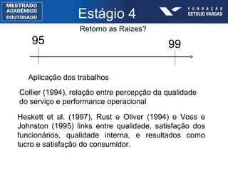 Estágio 4 Retorno as  Raizes ? 95 Aplicação dos trabalhos Collier (1994),  relação entre percepção da qualidade do serviço e performance operacional Heskett et al. (1997),  Rust e Oliver (1994) e Voss e Johnston (1995) links entre qualidade, satisfação dos funcionários, qualidade interna, e resultados como lucro e satisfação do consumidor. 99 