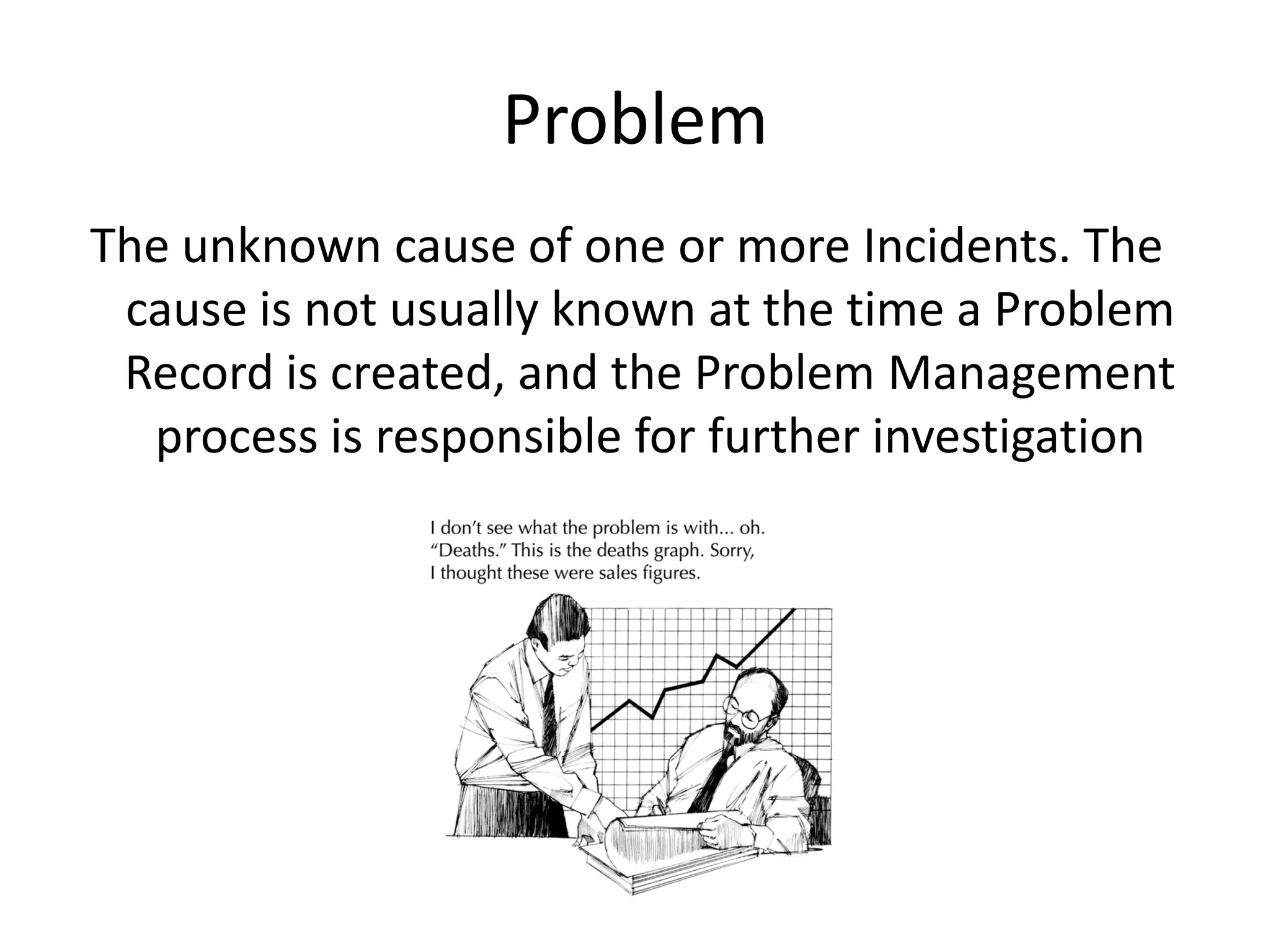 Problem
The unknown cause of one or more Incidents. The
 cause is not usually known at the time a Problem
 Record is created, and the Problem Management
  process is responsible for further investigation
 