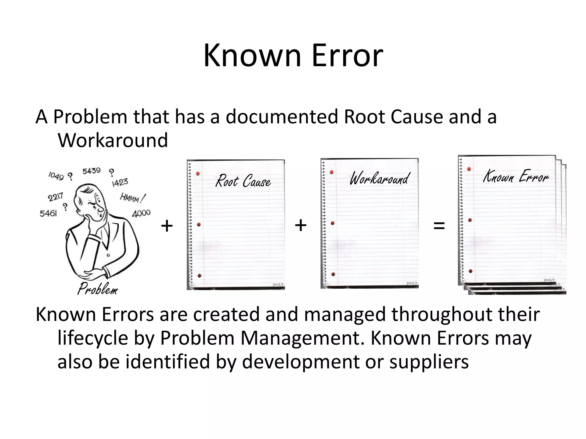 Known Error
A Problem that has a documented Root Cause and a
  Workaround
                  Root Cause       Workaround       Known Error

              +                +                =

    Problem
Known Errors are created and managed throughout their
  lifecycle by Problem Management. Known Errors may
  also be identified by development or suppliers
 