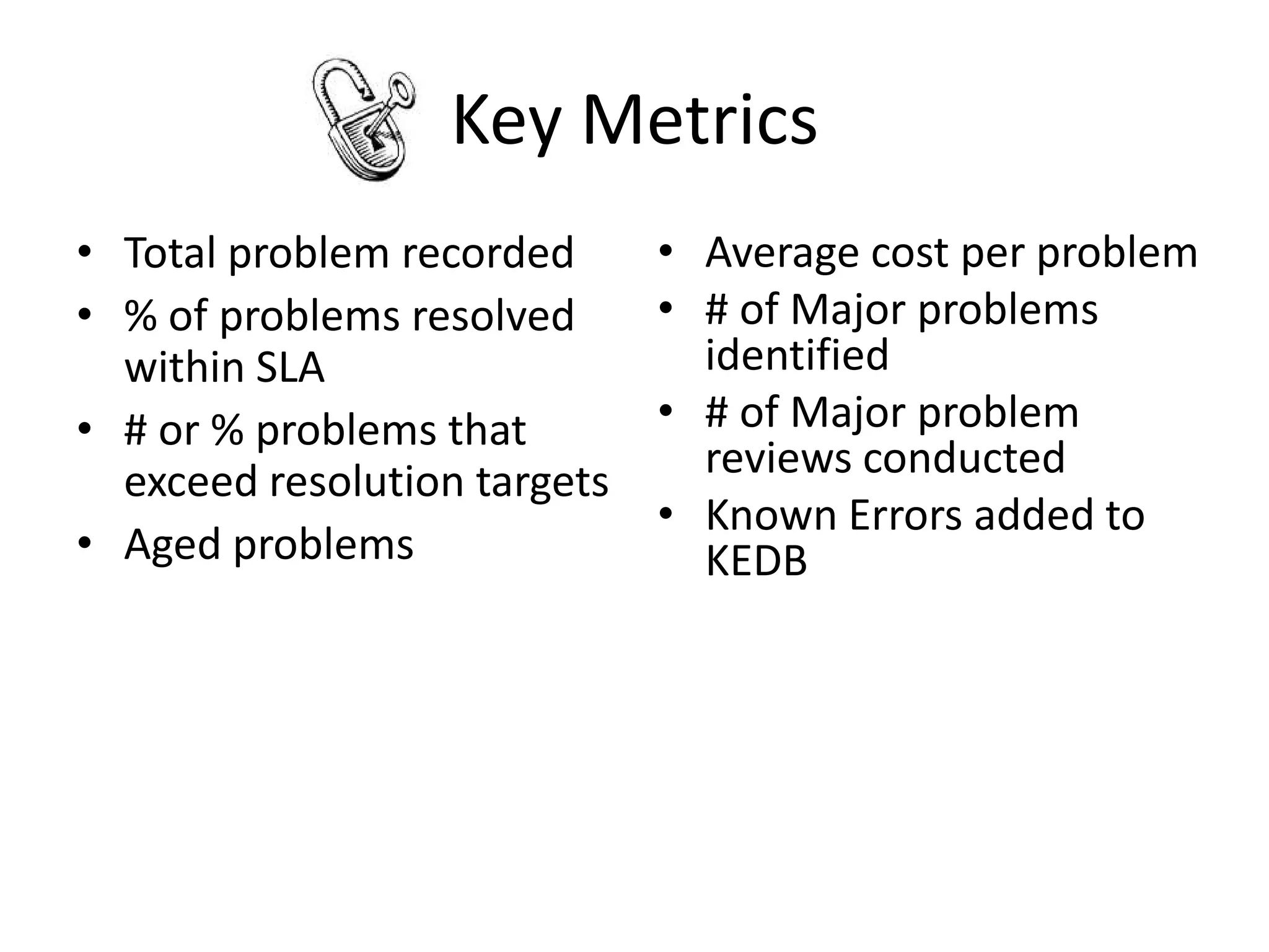 Key Metrics
• Total problem recorded      • Average cost per problem
• % of problems resolved      • # of Major problems
  within SLA                    identified
• # or % problems that        • # of Major problem
  exceed resolution targets     reviews conducted
                              • Known Errors added to
• Aged problems                 KEDB
 