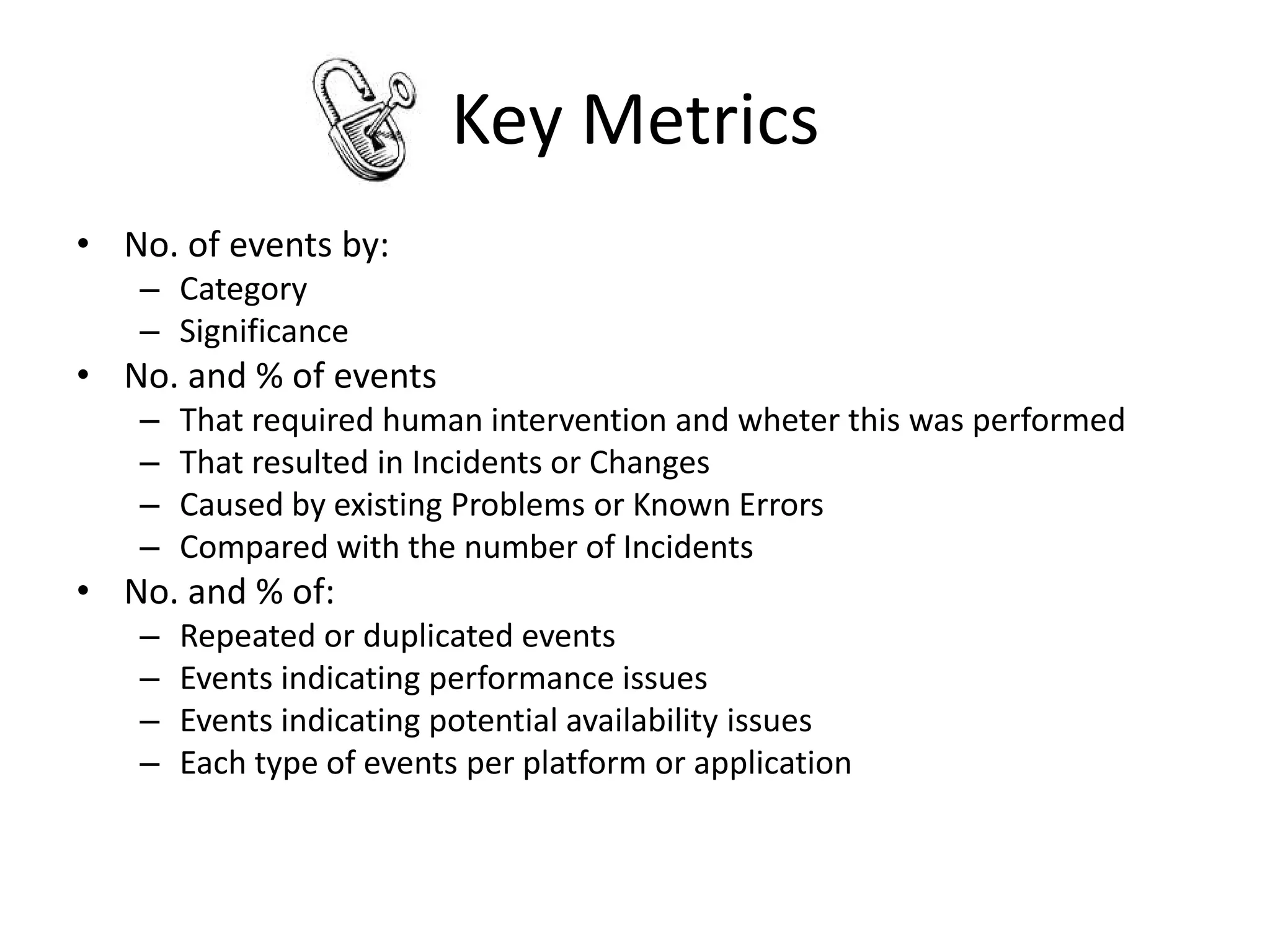 Key Metrics
• No. of events by:
   – Category
   – Significance
• No. and % of events
   –   That required human intervention and wheter this was performed
   –   That resulted in Incidents or Changes
   –   Caused by existing Problems or Known Errors
   –   Compared with the number of Incidents
• No. and % of:
   –   Repeated or duplicated events
   –   Events indicating performance issues
   –   Events indicating potential availability issues
   –   Each type of events per platform or application
 