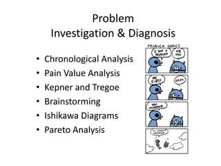 Problem
     Investigation & Diagnosis

•   Chronological Analysis
•   Pain Value Analysis
•   Kepner and Tregoe
•   Brainstorming
•   Ishikawa Diagrams
•   Pareto Analysis
 