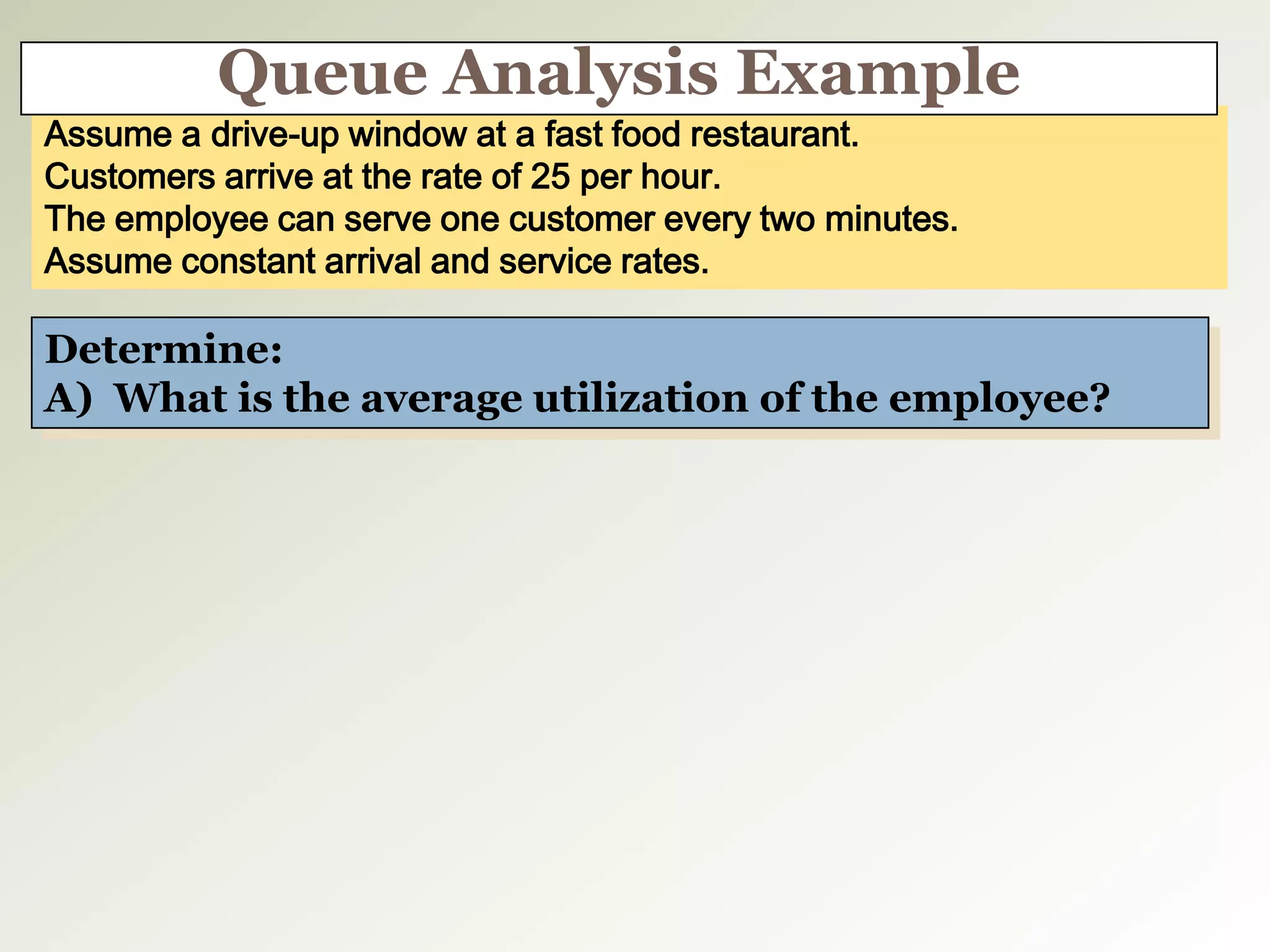 Assume a drive-up window at a fast food restaurant.
Customers arrive at the rate of 25 per hour.
The employee can serve one customer every two minutes.
Assume constant arrival and service rates.
Determine:
A) What is the average utilization of the employee?
Queue Analysis Example
 