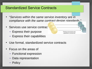 Standardized Service Contracts
●
“Services within the same service inventory are in
compliance with the same contract design standards."
●
Services use service contract to
– Express their purpose
– Express their capabilities
●
Use formal, standardized service contracts
●
Focus on the areas of
– Functional expression
– Data representation
– Policy
 