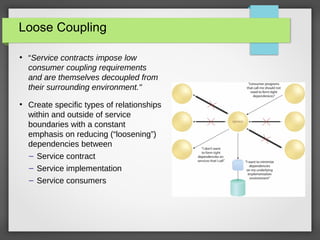 Loose Coupling
●
“Service contracts impose low
consumer coupling requirements
and are themselves decoupled from
their surrounding environment."
●
Create specific types of relationships
within and outside of service
boundaries with a constant
emphasis on reducing (“loosening”)
dependencies between
– Service contract
– Service implementation
– Service consumers
 