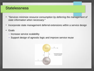 Statelessness
●
"Services minimize resource consumption by deferring the management of
state information when necessary."
●
Incorporate state management deferral extensions within a service design
●
Goals
– Increase service scalability
– Support design of agnostic logic and improve service reuse
 