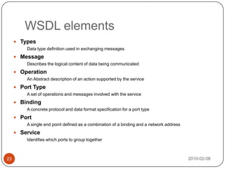 SOAP2010-02-0824SOAP EnvelopeSOAP HeaderHeader BlockSOAP BodyMessage BodyFault HandlersSOAP message structureSOAP is a lightweight (XML-based) protocol for exchange of information in a decentralized, distributed environment. SOAP is a format for sending messagesSOAP is independent of transport protocolA SOAP message is an ordinary XML document containing the following elements:Envelope  - identifies the XML document as a SOAP messageHeader  - contains application specific info like authentication etc.Body  - contains the message in request and responseFault  - contains errors and status information