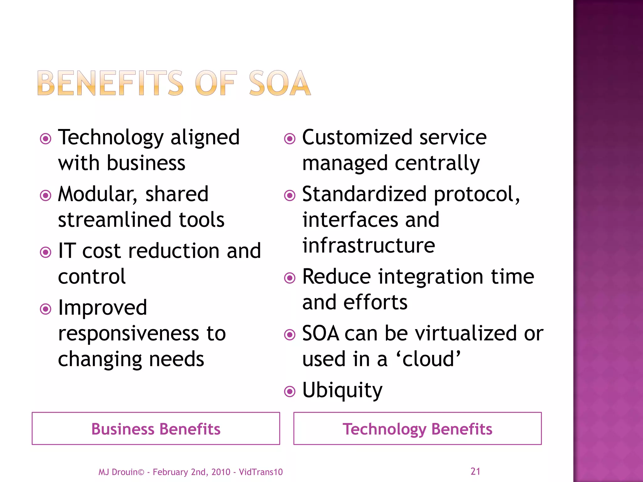  Technology aligned                                  Customized service
  with business                                        managed centrally
 Modular, shared                                     Standardized protocol,
  streamlined tools                                    interfaces and
 IT cost reduction and                                infrastructure
  control                                             Reduce integration time
 Improved                                             and efforts
  responsiveness to                                   SOA can be virtualized or
  changing needs                                       used in a ‘cloud’
                                                      Ubiquity

     Business Benefits                                     Technology Benefits

      MJ Drouin© - February 2nd, 2010 - VidTrans10                         21
 
