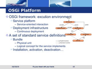 OSGi Platform OSGi framework: excution environment Service platform Service-oriented interaction Deployment infrastructure Continuous deployment A set of standard service definitions  Bundle  Physical unit Logical concept for the service implements Installation, activation, deactivation… 10/19/10 