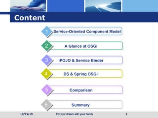 Content 10/19/10 2 Service-Oriented Component Model 1 A Glance at OSGi 2 iPOJO & Service Binder 3 DS & Spring OSGi 4 Comparison 5 Summary 6 